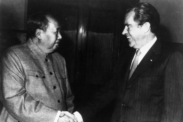 Chinese communist leader Mao Zedong shakes hands with U.S. President Richard Nixon in Beijing during Nixon’s visit to China on Feb. 21, 1972. (Keystone/Getty Images)