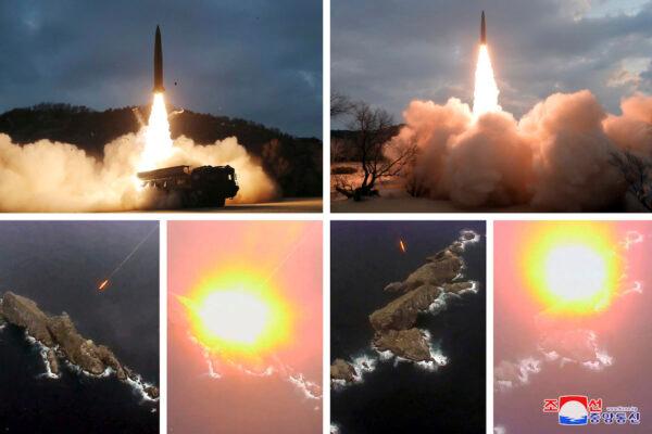 Missile tests launched from an undisclosed coastal area in North Korea, on Jan. 27, 2022. Independent journalists were not given access to cover the event depicted in this image distributed by the North Korean government. (Korean Central News Agency/Korea News Service via AP)