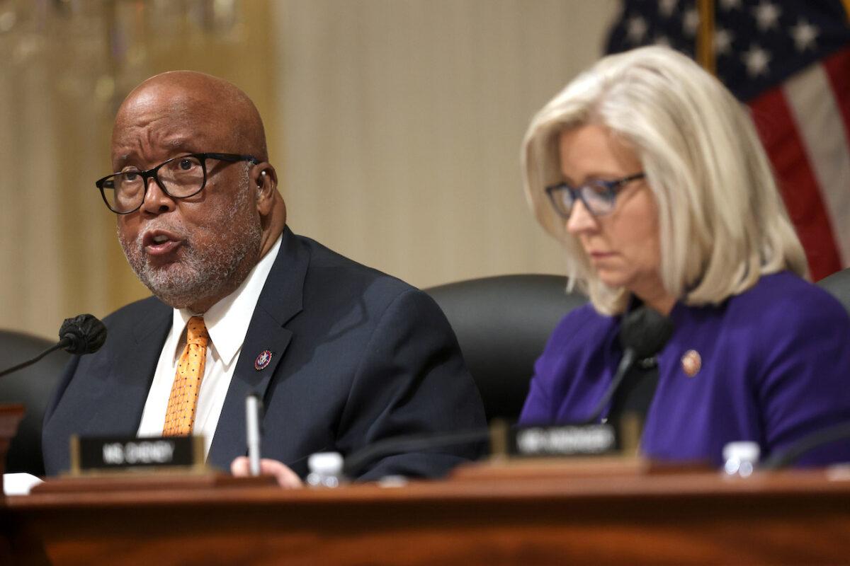U.S. Rep. Bennie Thompson (D-Miss.), chair of the select committee investigating the Jan. 6 breach of the Capitol, speaks during a committee business meeting as vice chair Rep. Liz Cheney (R-Wyo.) looks on at Cannon House Office Building on Capitol Hill in Washington, Oct. 19, 2021. (Alex Wong/Getty Images)