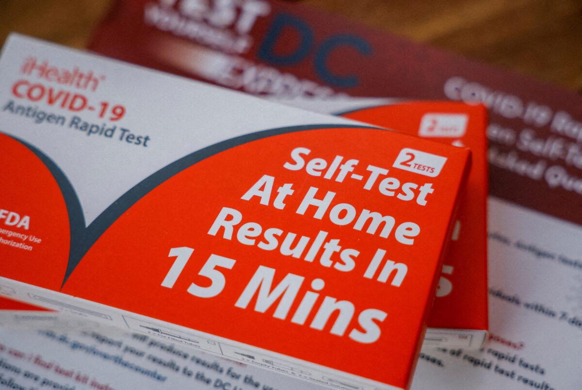 Take-home COVID-19 self-testing kits provided by the District of Columbia government, which provides city residents with four free take-home tests per day, are seen in this illustration taken on Jan. 11, 2022. (Evelyn Hockstein/Reuters)