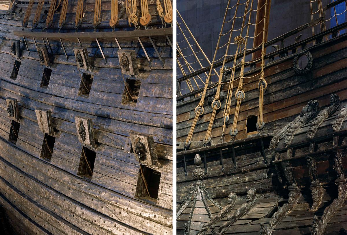 (Left) Part of the hull; (Right) The ship Vasa. Detail of the rigging. (Courtesy of Åke E:son Lindman)