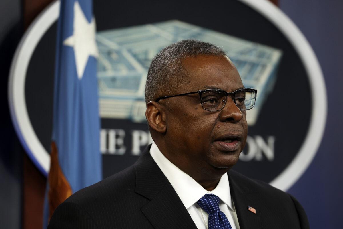 Secretary of Defense Lloyd Austin speaks during a news briefing in Washington on Jan. 28, 2022. (Alex Wong/Getty Images)