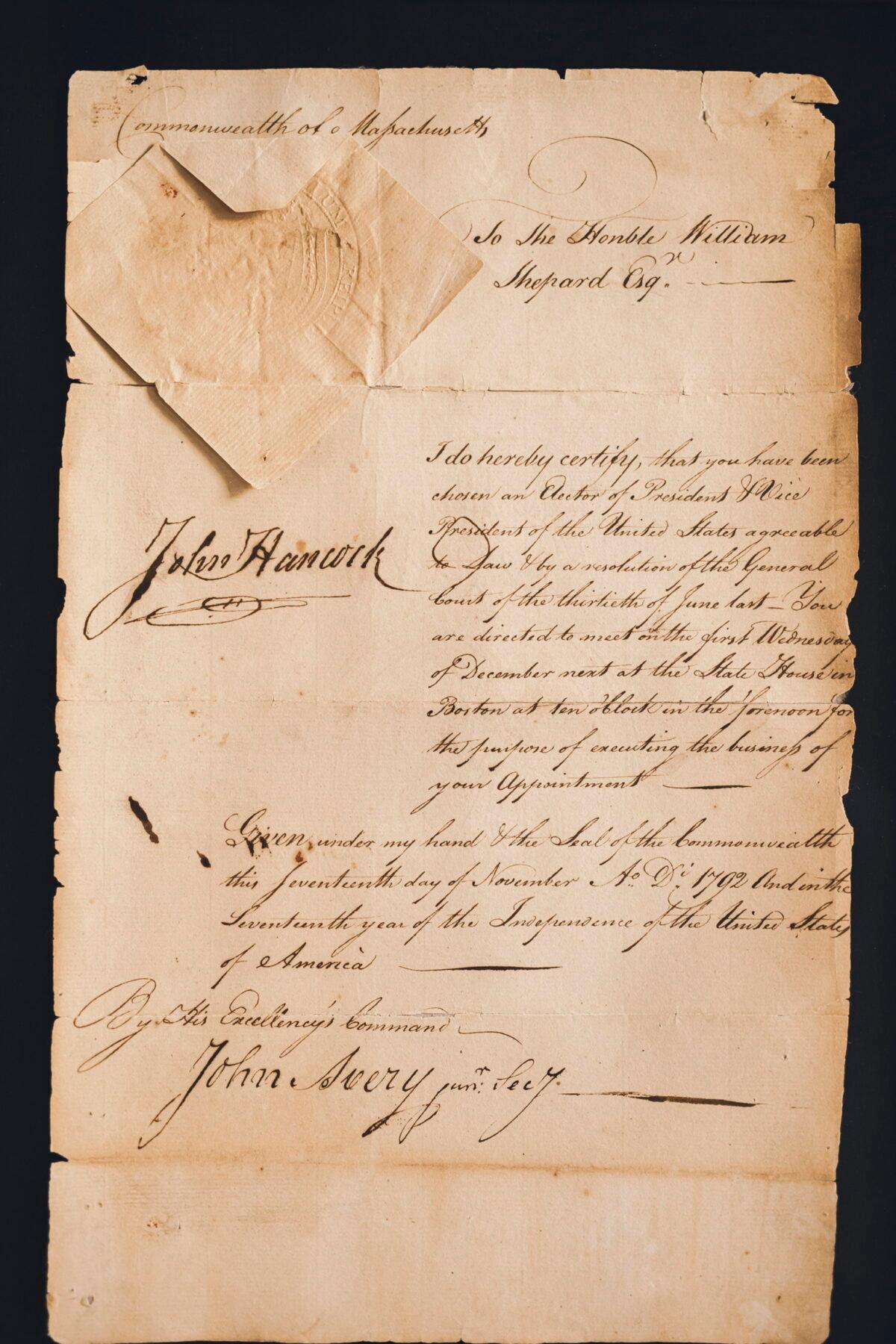 A letter signed by Founding Father John Hancock on Nov. 17, 1792. (Tatsiana Moon for American Essence)