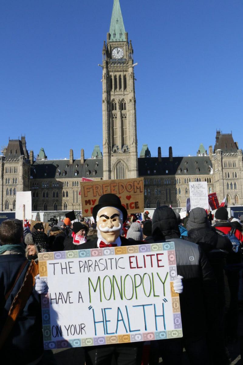  This protester named Alex, in a costume and not dressed for the weather, stood still the whole day in -20C weather holding a sign in front of the Peace Tower in Ottawa on Jan. 29, 2022. (Noé Chartier/The Epoch Times)