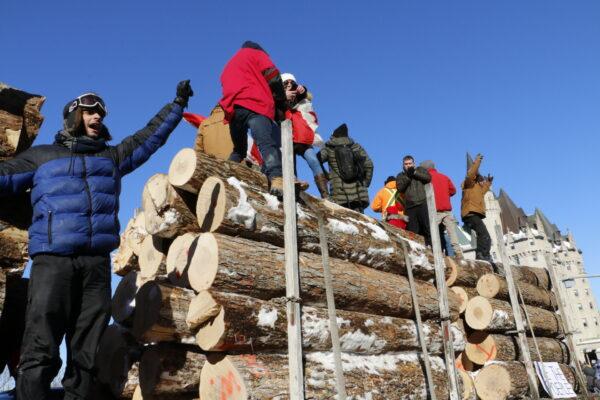  Protesters climb on top a trailer carrying tree logs in downtown Ottawa on Jan. 29, 2022. (Noé Chartier/The Epoch Times)