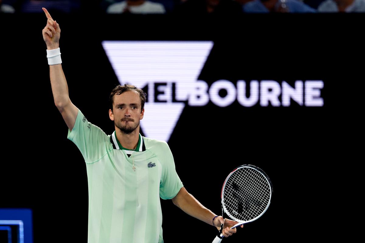 Daniil Medvedev of Russia reacts after winning the second set against Rafael Nadal of Spain during the men's singles final at the Australian Open tennis championships in Melbourne, Australia, on Jan. 30, 2022. (Hamish Blair/AP Photo)