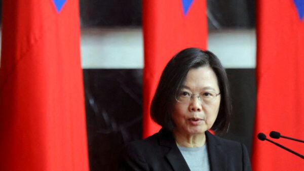 Taiwan President Tsai Ing-wen speaks at a rank conferral ceremony for military officials from the Army, Navy, and Air Force, at the defense ministry in Taipei, Taiwan, on Dec. 28, 2021. (Annabelle Chih/Reuters)