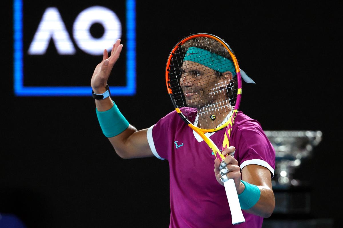 Rafael Nadal of Spain reacts during his men’s singles final match against Daniil Medvedev of Russia at the Australian Open tennis championships in Melbourne, Australia, on Jan. 31, 2022. (Hamish Blair/AP Photo)