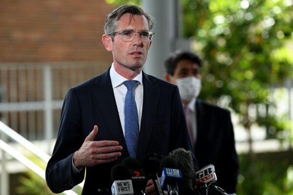 NSW Premier Dominic Perrottet speaks to the media during a press conference at Rosehill Public School in Sydney, Australia, Jan. 31, 2022. (AAP Image/Bianca De Marchi)