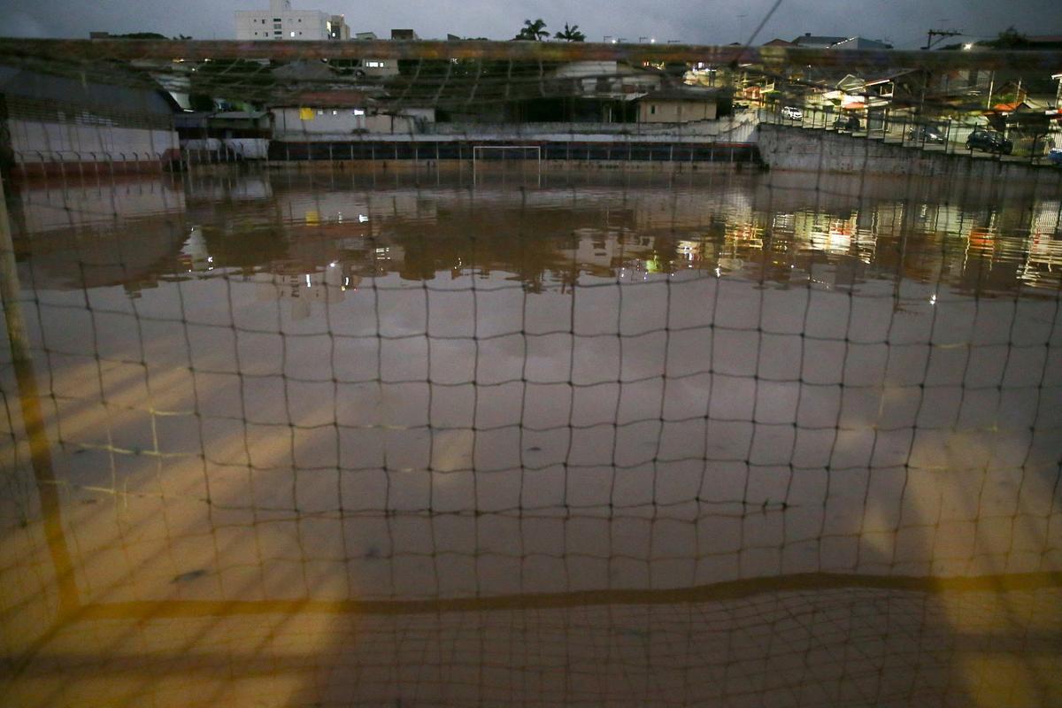 A flooded soccer field is seen after heavy rains in Caieiras, Brazil, on Jan. 30, 2022. (Carla Carniel/Reuters)
