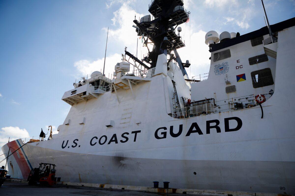 A U.S. Coast Guard vessel docks during an offload of packages of marijuana and cocaine at Port Everglades, in Fort Lauderdale, Fla., on Nov. 22, 2021. (Eva Marie Uzcategui/AFP via Getty Images)