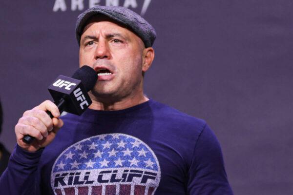 Joe Rogan introduces fighters during the UFC 269 ceremonial weigh-in at MGM Grand Garden Arena in Las Vegas, Nevada, on Dec. 10, 2021. (Carmen Mandato/Getty Images)