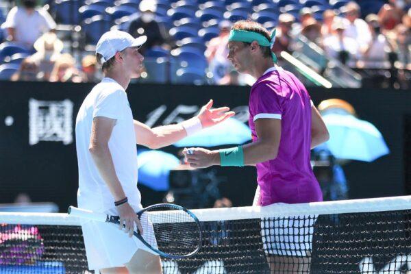 Rafael Nadal (R) of Spain and Denis Shapovalov of Canada exchange words in their Men's Singles Quarterfinals match during day nine of the 2022 Australian Open at Melbourne Park in Melbourne, Australia, on Jan. 25, 2022. (Clive Brunskill/Getty Images)