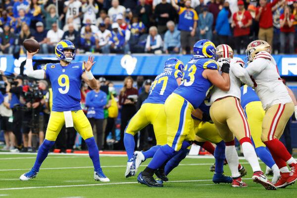 Matthew Stafford #9 of the Los Angeles Rams looks to pass in the first quarter against the San Francisco 49ers in the NFC Championship Game at SoFi Stadium in Inglewood, Calif., on Jan. 30, 2022. (Christian Petersen/Getty Images)