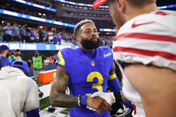 Odell Beckham Jr. #3 of the Los Angeles Rams reacts after defeating the San Francisco 49ers in the NFC Championship Game at SoFi Stadium in Inglewood, Calif., on Jan. 30, 2022. (Christian Petersen/Getty Images)