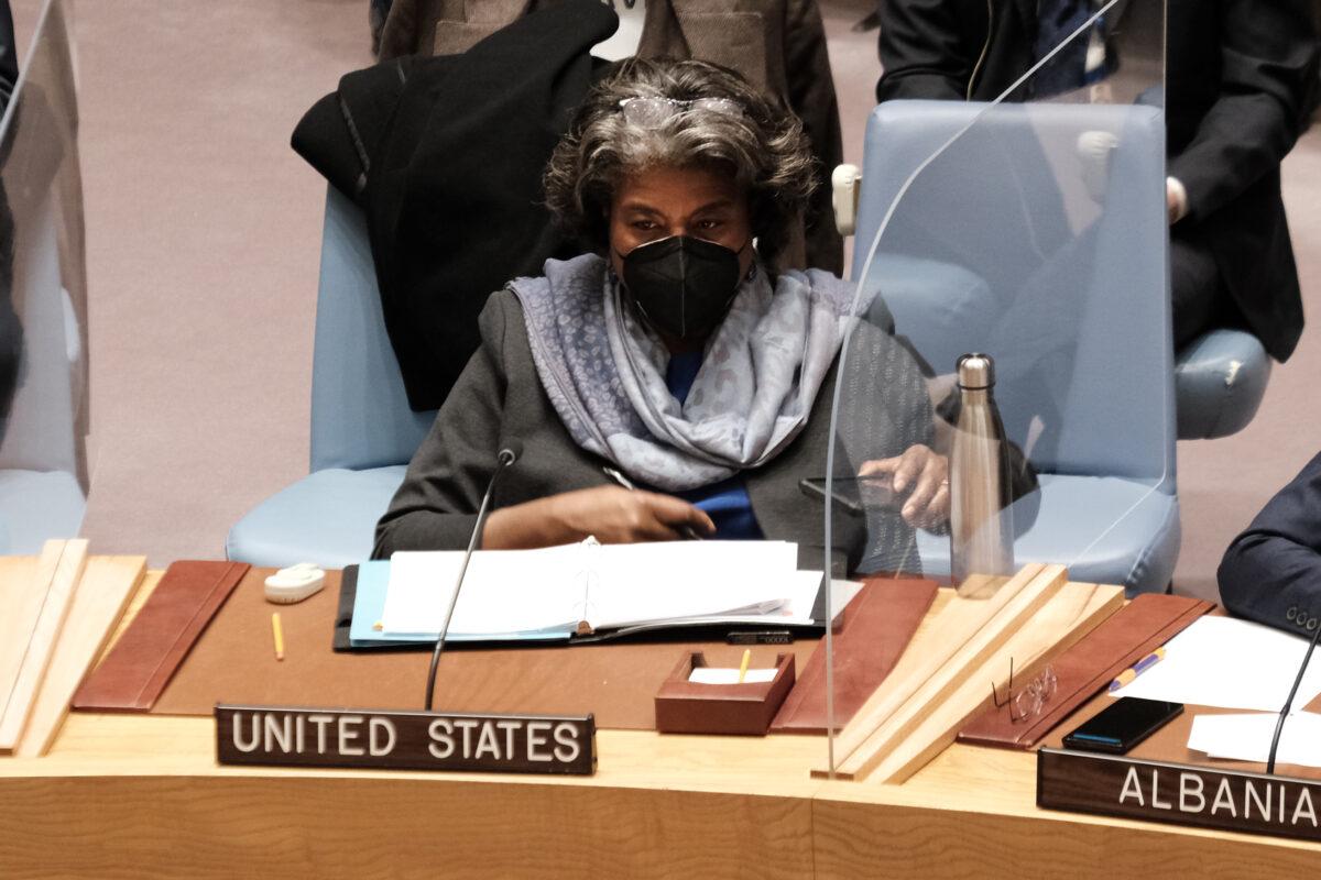 U.S. Ambassador to the United Nations Linda Thomas-Greenfield speaks at a United Nations Security Council meeting to discuss the situation between Russia and Ukraine in New York City on Jan. 31, 2022. (Spencer Platt/Getty Images)