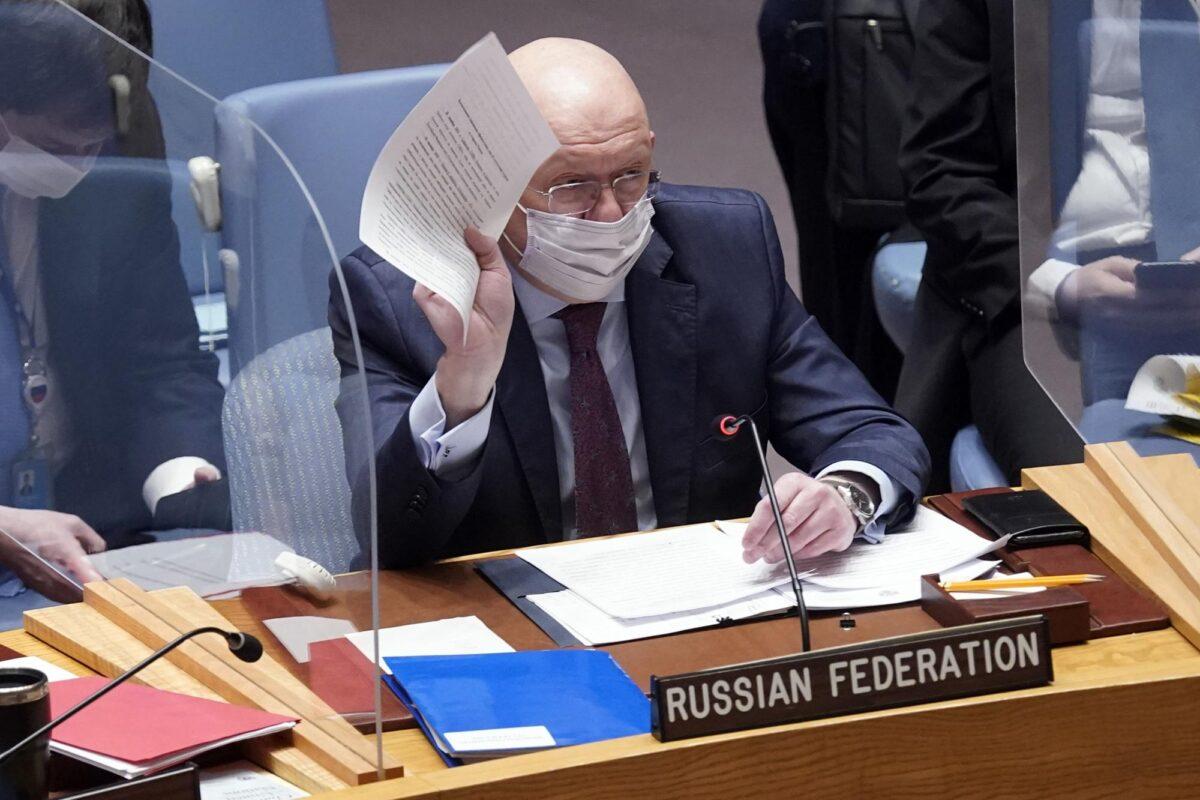 Russia's U.N. Ambassador Vasily Nebenzya addresses the U.N. Security Council before a vote, on Jan. 31, 2022. (Richard Drew/AP Photo)