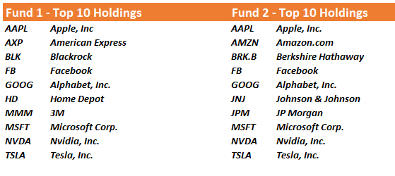 Example of the top 10-holdings of two ETF’s. One is specifically labeled an ESG fund; the other is the S&P 500 Index. (Table courtesy of RealInvesmentAdvice.com / Source Data: ETF.com)