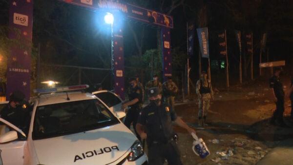 Police at the entrance of a concert venue where a shooting took place in San Bernardino, Paraguay, on Jan. 30, 2022, in a still from a video. (ABC TV via AP/Screenshot via The Epoch Times)
