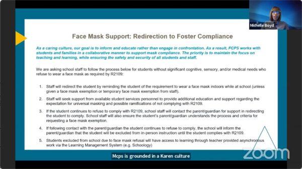 Michelle Boyd, Fairfax County Public Schools’ assistant superintendent of the special services department, announced the “face mask support” policies at the virtual community town hall on Jan. 24, 2022. (Screenshot via The Epoch Times)