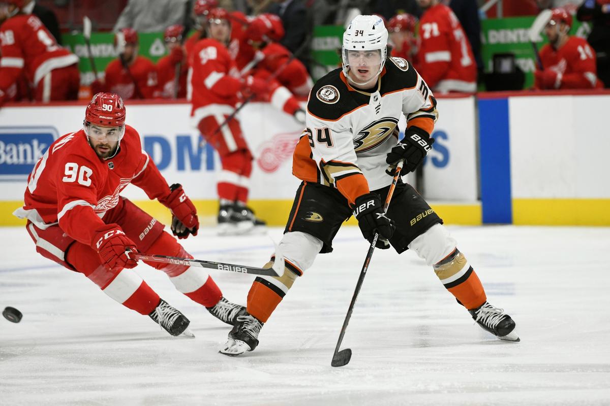 Anaheim Ducks defenseman Jamie Drysdale (R) passes the puck away from Detroit Red Wings center Joe Veleno during the second period of an NHL hockey game in Detroit on Jan. 31, 2022. (Jose Juarez/AP Photo)