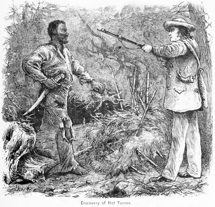 A barefoot Nat Turner, who led a revolt of enslaved people in 1831 in Southampton County, Va., emerges from a makeshift cave and surrenders to a local farmer. ( Learn NC, University of North Carolina School of Education)