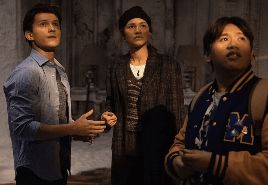 (L–R) Peter Parker (Tom Holland), MJ (Zendaya), and Ned (Jacob Batalon), in "Spider-Man: No Way Home." (Marvel Studios/Columbia Pictures)