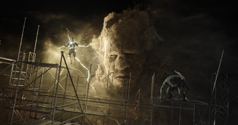 (L–R) Electro (Jamie Foxx), Sandman (Thomas Haden Church), and Lizard (Rhys Ifans), in "Spider-Man: No Way Home." (Marvel Studios/Columbia Pictures)