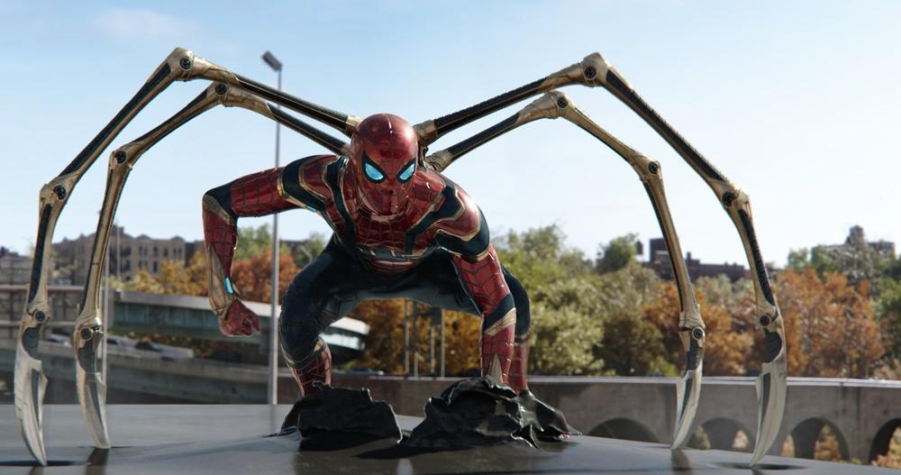 Spider-Man (Tom Holland) sporting the spider suit featuring metallic spider legs designed by Tony Stark (who is also Iron Man), in "Spider-Man: No Way Home." (Marvel Studios/Columbia Pictures)