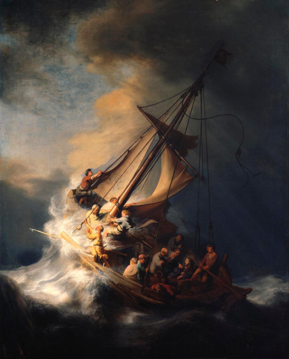 “Christ in the Storm on the Sea of Galilee,” 1633, by Rembrandt. Oil on canvas; 63 inches by 50 3/8 inches. (Public domain)