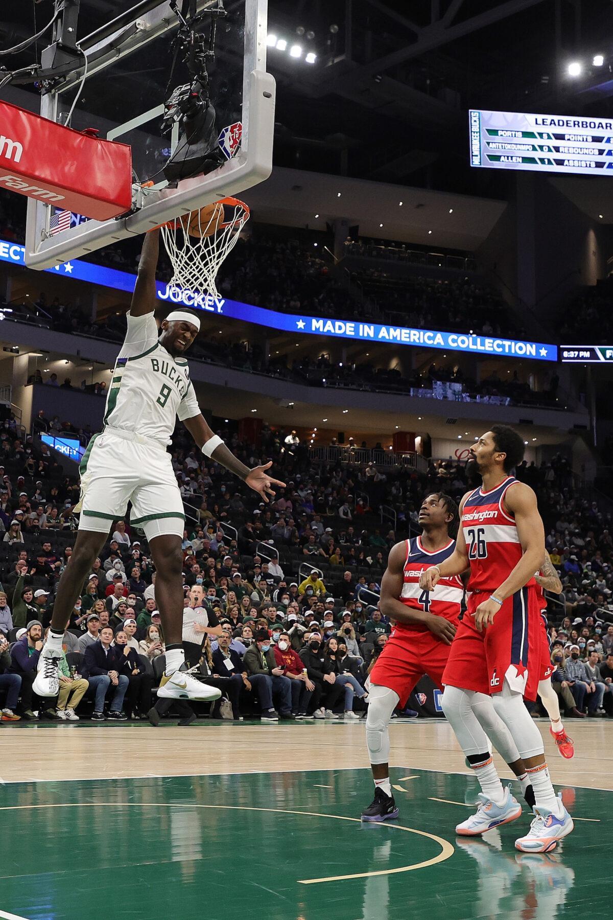 Bobby Portis #9 of the Milwaukee Bucks dunks during the first half of a game against the Washington Wizards at Fiserv Forum, in Milwaukee, on Feb. 1, 2022. (Stacy Revere/Getty Images)