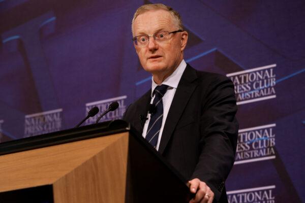  Philip Lowe, Governor of the Reserve Bank of Australia, addresses the National Press Club at The Fullerton Hotel in Sydney, Australia, on Feb. 2, 2022. (Lisa Maree Williams/Getty Images)