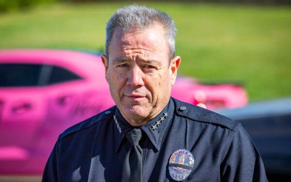 Los Angeles Police Department Chief Michel Moore speaks to media about fallen LAPD officer Fernando Arroyos in Los Angeles, Calif., on Feb. 2, 2022. (John Fredricks/The Epoch Times)
