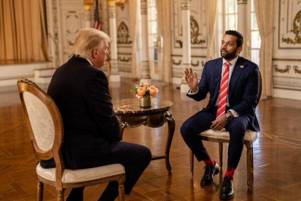 Epoch TV's Kash Patel speaks with former President Donald Trump at his Mar-a-Lago resort in Palm Beach, Fla., on Jan. 31, 2022. (The Epoch Times)