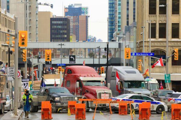 Trucks parked in downtown Ottawa as demonstrators continue to protest COVID-19 mandates and restrictions on Feb. 2, 2022. (Jonathan Ren/The Epoch Times)