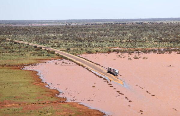 Flood waters are seen where the Sturt Highway has been cut off near Glendambo, South Australia on Feb. 3, 2022. (AAP Image/Pool, Kelly Barnes)