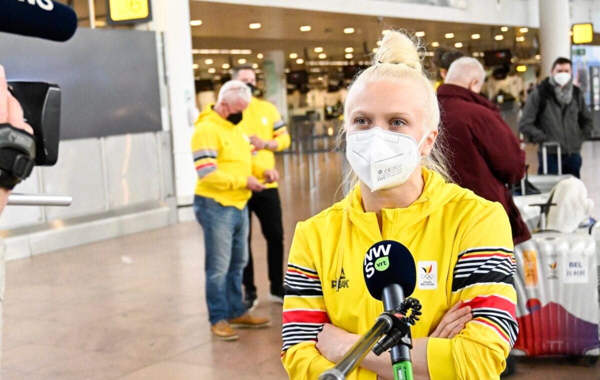 Belgian skeleton athlete Kim Meylemans at the departure of athletes of Team Belgium to the Beijing 2022 Winter Olympic Games at the Brussels Airport in Zaventem on Jan. 29, 2022. (Laurie Dieffembacq/Belga Mag/AFP via Getty Images)