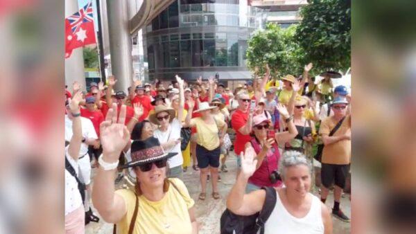 A group of teachers, firefighters, nurses, police, ambulance officers, and resource sector workers held a rally against COVID-19 vaccine mandates in Brisbane, Australia, on Feb. 2, 2022. (Screenshot by The Epoch Times)