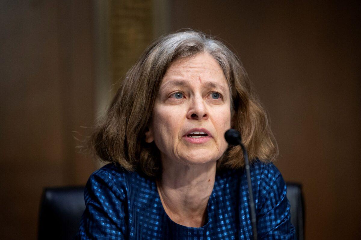 Sarah Bloom Raskin, nominated to be vice chairman for supervision and a member of the Federal Reserve Board of Governors, speaks during a Senate Banking, Housing, and Urban Affairs Committee confirmation hearing on Capitol Hill in Washington, on Feb. 3, 2022. (Bill Clark/Pool via Reuters)