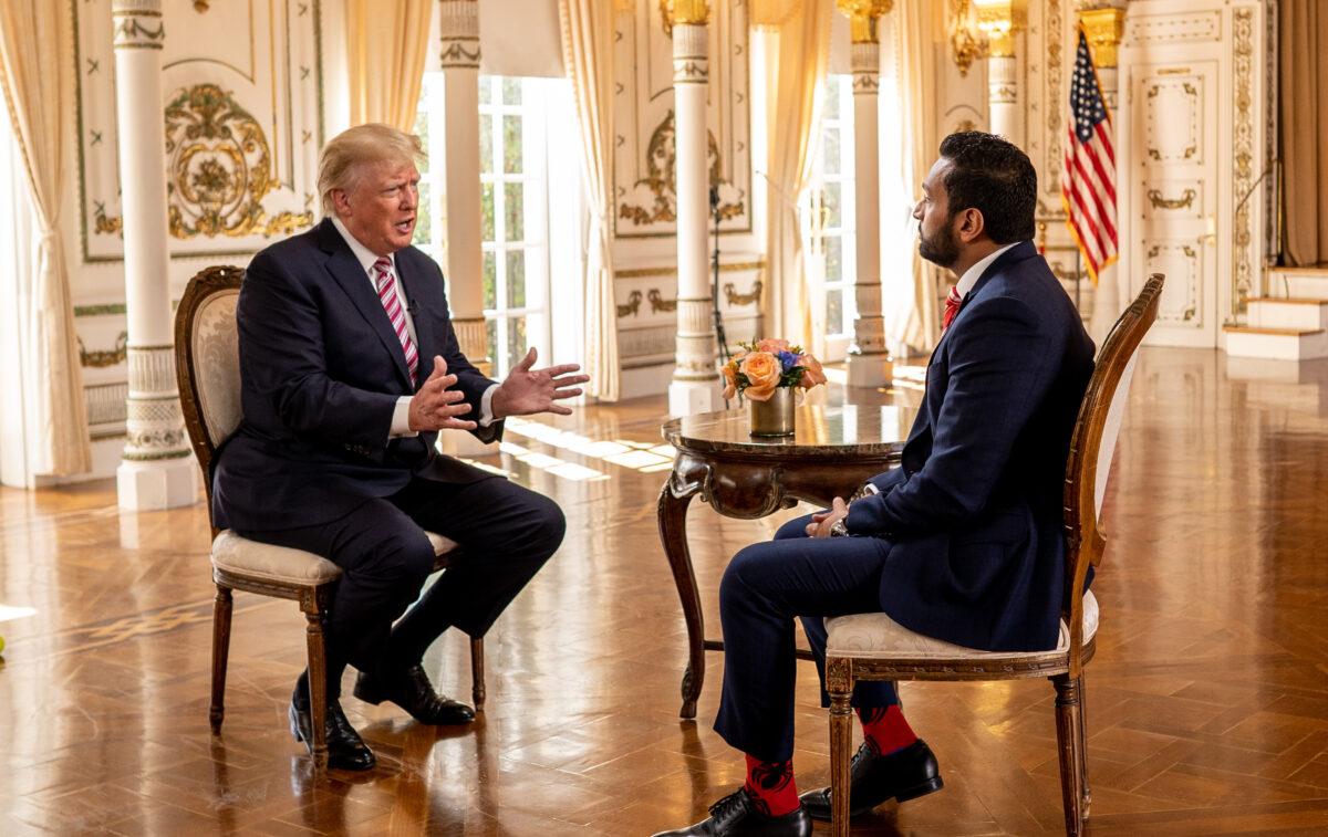 Former President Donald Trump speaks with EpochTV's Kash Patel at his Mar-a-Lago resort in Palm Beach, Fla., on Jan. 31, 2022. (The Epoch Times)