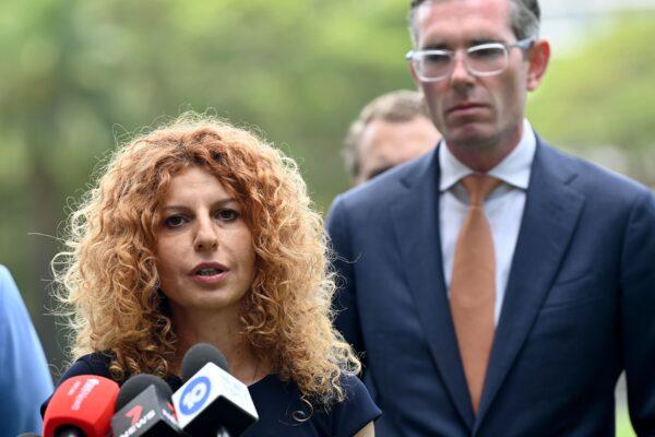 Liberal candidate for Strathfield Bridget Sakr speaks to the media during a press conference announcing her candidacy at Burwood Park in Burwood, Sydney, Dec. 20, 2021. (AAP Image/Bianca De Marchi)