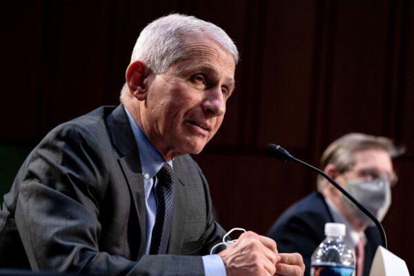 Dr. Anthony Fauci, director at the National Institute of Allergy and Infectious Diseases, speaks during a Senate committee hearing on the COVID-19 response, on Capitol Hill in Washington on March 18, 2021. (Anna Moneymaker/Pool/Getty Images)