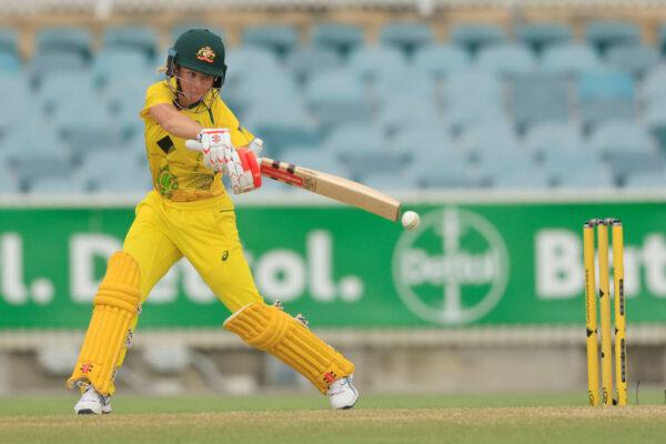 Beth Mooney bats during game one of the Women's Ashes One Day International series between Australia and England at Manuka Oval in Canberra, Australia February 03, 2022. (Photo by Mark Evans/Getty Images)