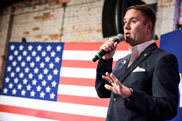 Jason Miyares, who later won the election for Virginia attorney general and was sworn into office, speaks to a rally. (Anna Moneymaker/Getty Images)