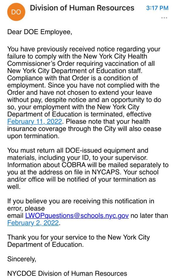 In an email obtained by The Epoch Times, the New York City Department of Education sends a notice of termination to unvaccinated employees on Jan. 31, 2022.
