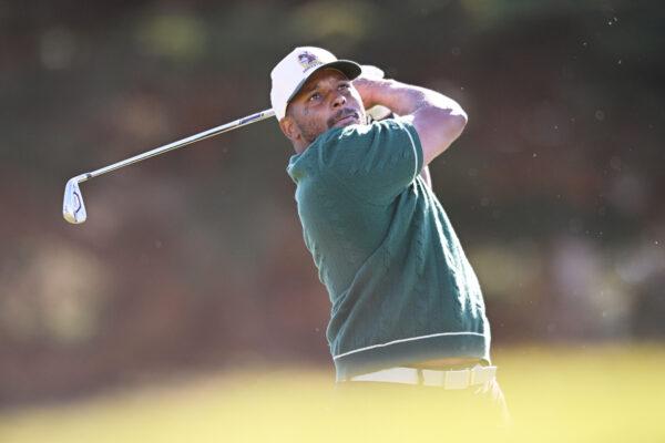 Musician ScHoolboy Q plays his shot from the fifth tee during the first round of the AT&T Pebble Beach Pro-Am at Monterey Peninsula Country Club, in Pebble Beach, Calif., on February 3, 2022. (Orlando Ramirez/Getty Images)