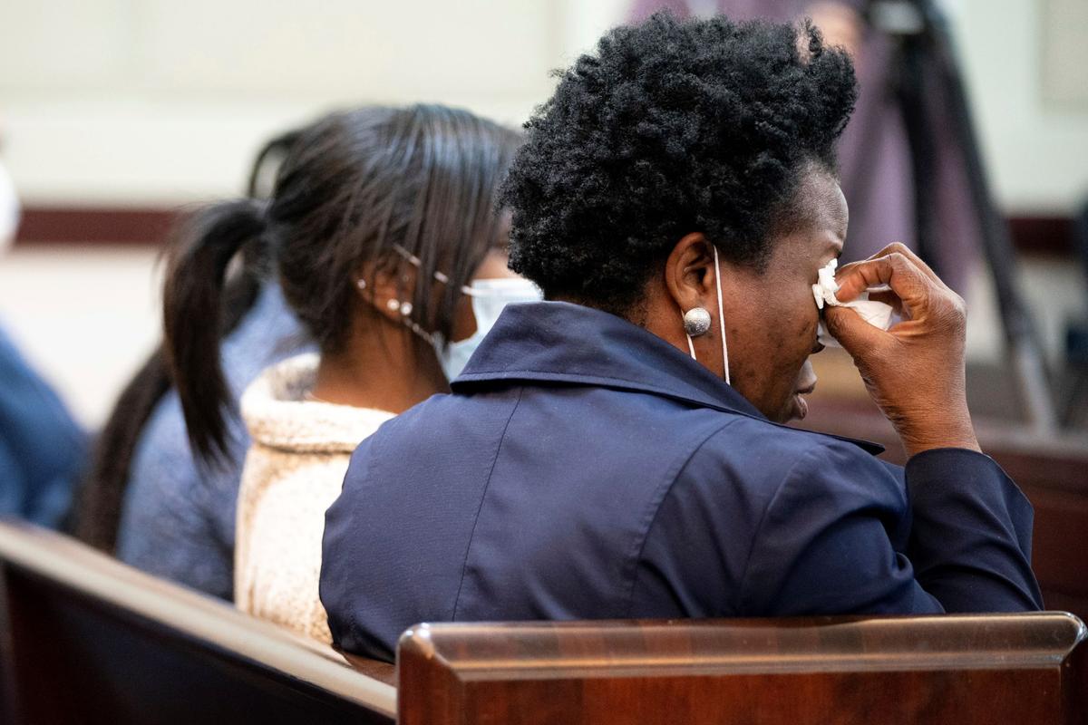Shaundelle Brooks, mother of victim Akilah Dasilva, reacts after the verdict is read during day five of Travis Reinking's murder trial at the Justice A.A. Birch Building in Nashville, Tenn., on Feb. 4, 2022. (Andrew Nelles/The Tennessean via AP)