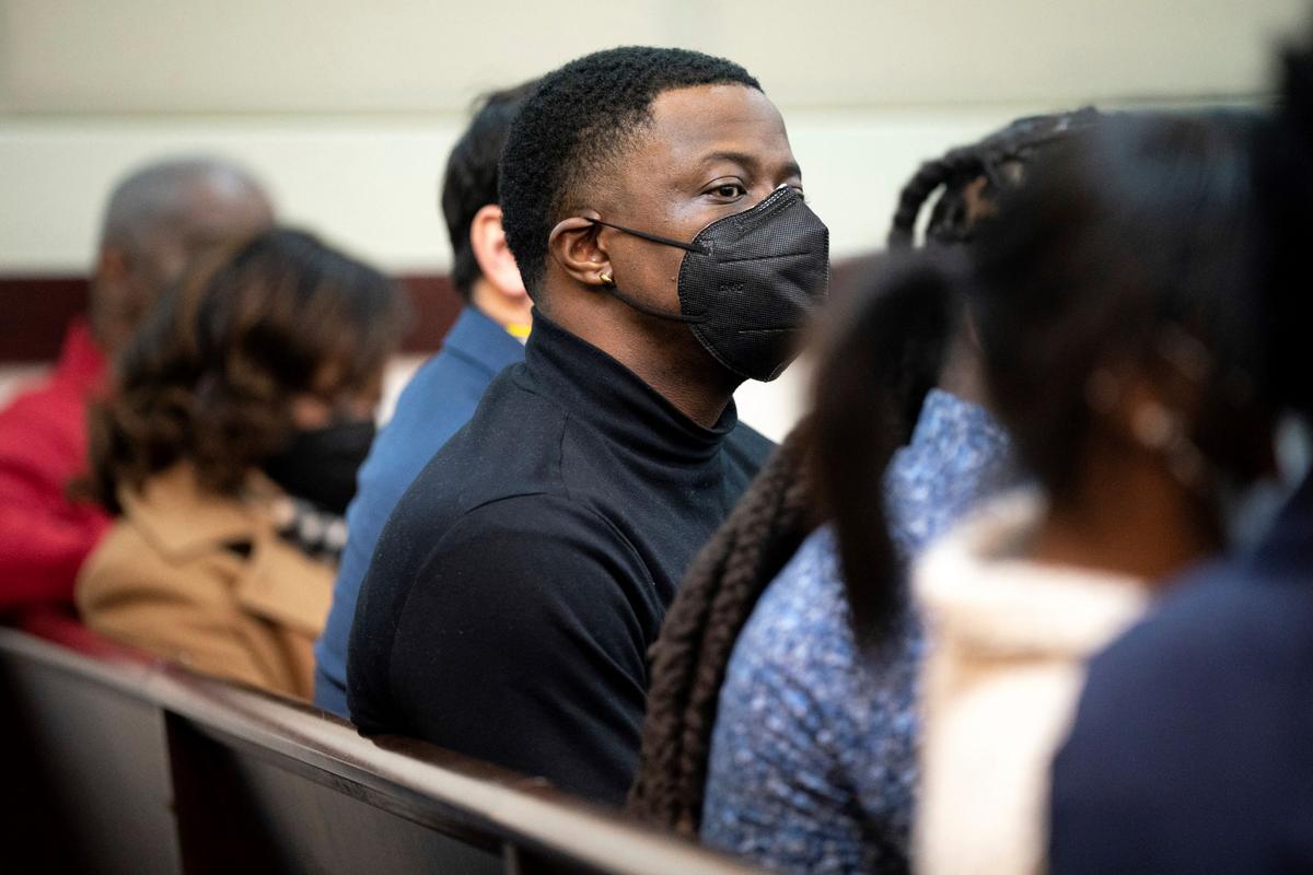 James Shaw Jr., who disarmed Travis Reinking during the shooting, reacts as the verdict is read during day five of Reinking's murder trial at the Justice A.A. Birch Building in Nashville, Tenn., on Feb. 4, 2022. (Andrew Nelles/The Tennessean via AP)