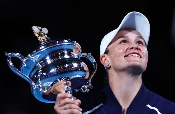 Ashleigh Barty of Australia poses with the Daphne Akhurst Memorial Cup after winning her Women’s Singles Final match against Danielle Collins of the United States during day 13 of the 2022 Australian Open at Melbourne Park in Melbourne, Australia, on Jan. 29, 2022. (Clive Brunskill/Getty Images)
