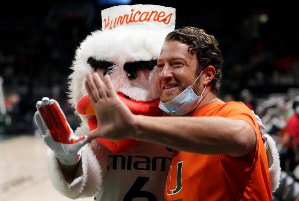 Barstool Sports founder Dave Portnoy poses with a mascot in Coral Gables, Fla., on Jan. 22, 2022. (Mark Brown/Getty Images)